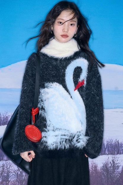 Moonlight Swan Faux Velvet Sweater