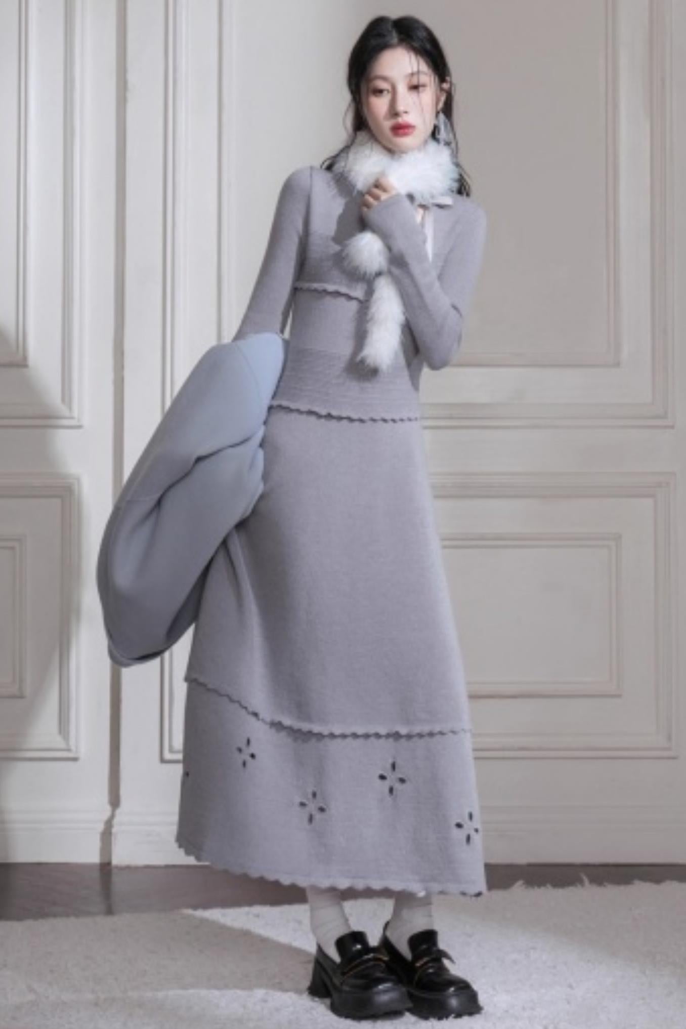 Cream Gray Lace Wool Dress