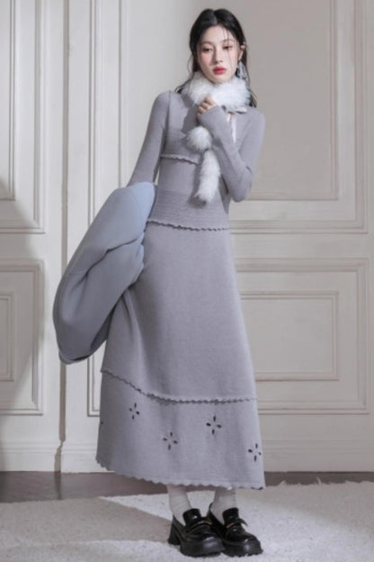 Cream Gray Lace Wool Dress