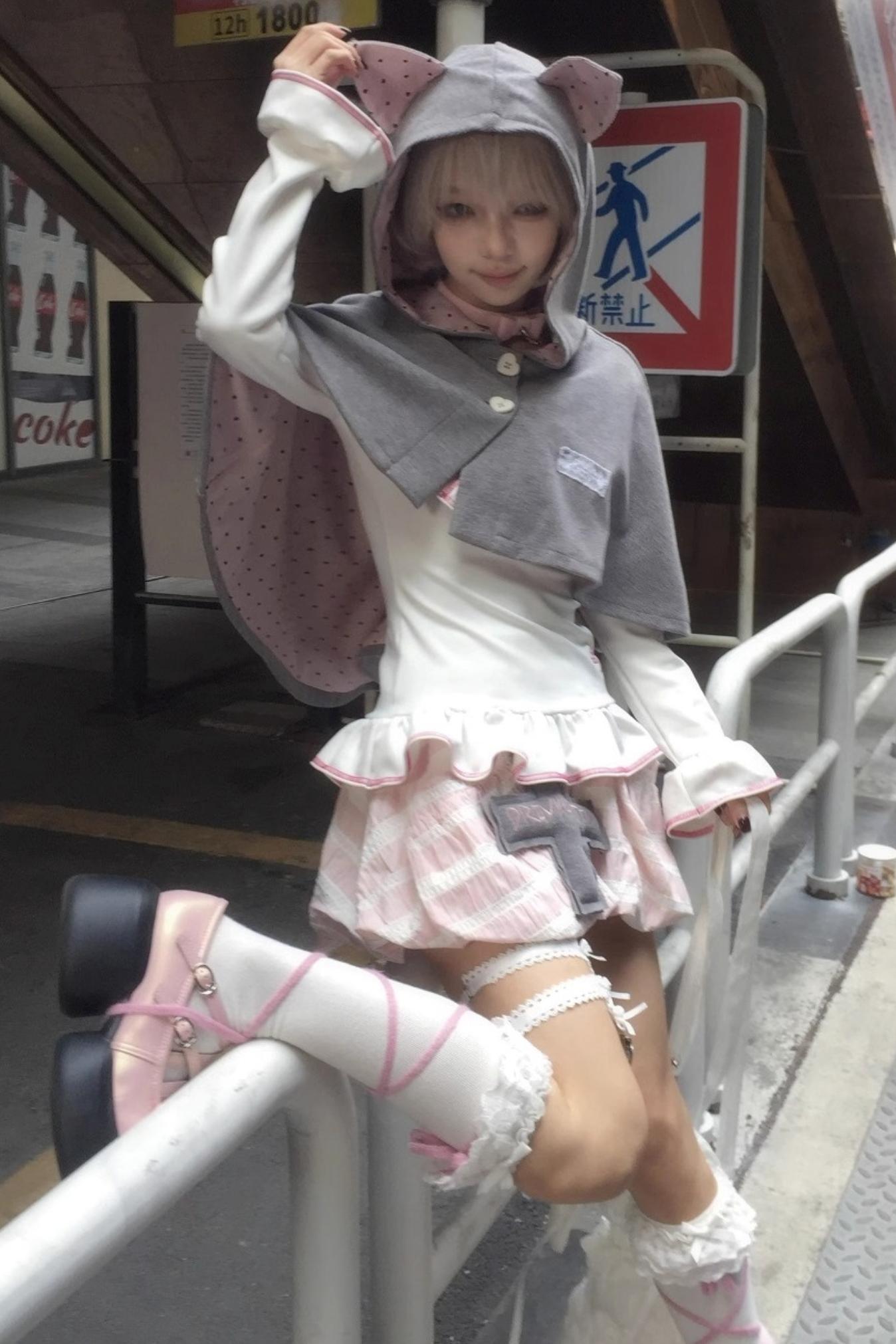 Cute Gray-Pink Cat Ears Hooded Coat