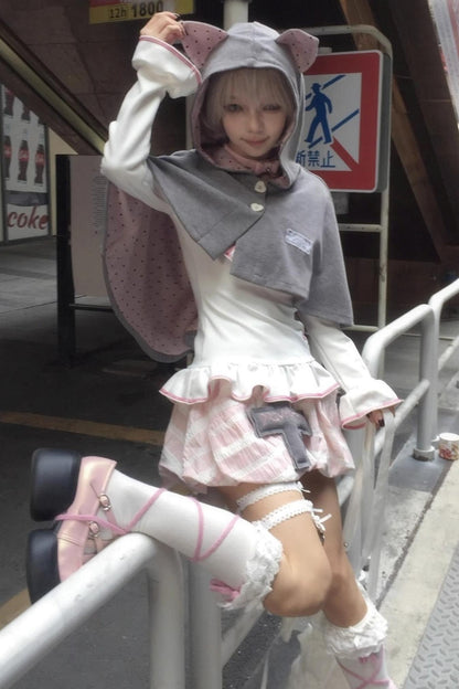 Cute Gray-Pink Cat Ears Hooded Coat