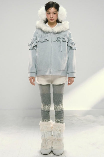 Lace Hooded Cotton Tweed Zip Jacket