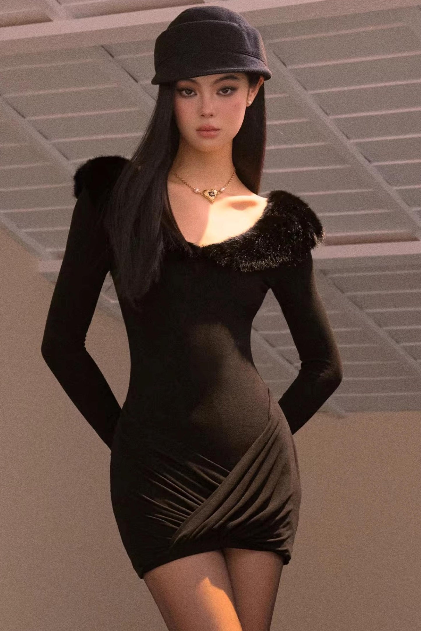 Furry V-Neck Slim Dress