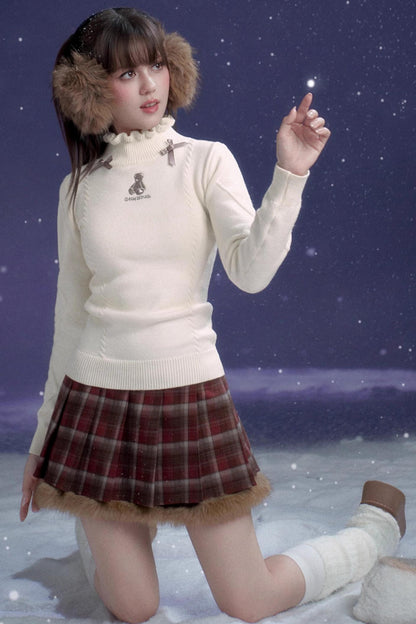 Sweet Red-Brown Plaid Skirt Set-Up