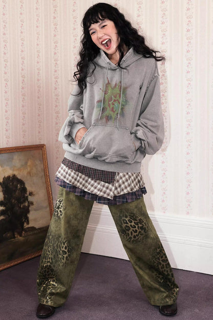 Cotton Washed Leopard Print Denim Pants