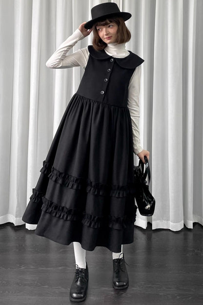 Black Woolen Layered Vest Dress