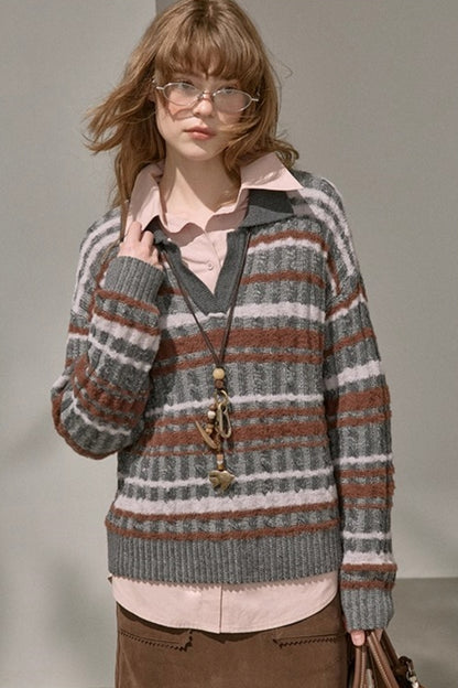 Cable Striped Pullover Sweater