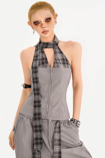 Plaid Halter Vest V-Neck Suit Set-Up