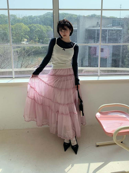 Cherry Blossoms Splice Mesh Volume Tiered Skirt