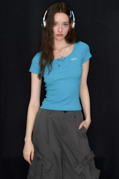 Sea Salt Blue U-Neck Slim Fit Top