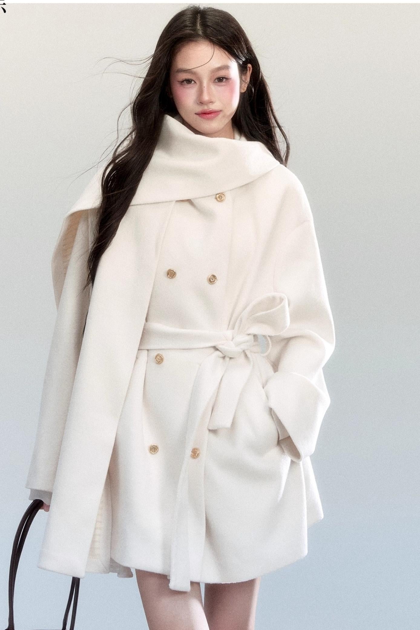 White Lace-Up Woolen Jacket