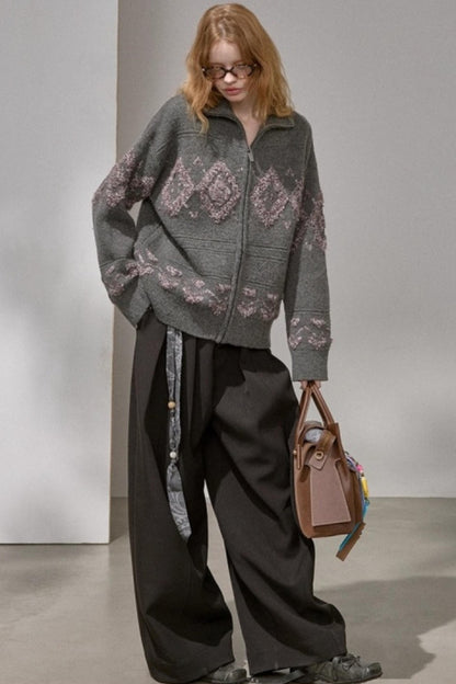 Diamond Pattern Knitted Cardigan Jacket