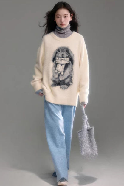 Color-Blocked Rabbit Jacquard Sweater