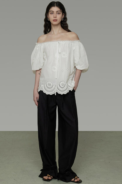 White Hollow Collar Blouse