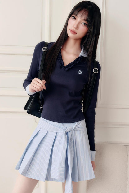 Love Letter Striped Pleated Skirt Set-Up