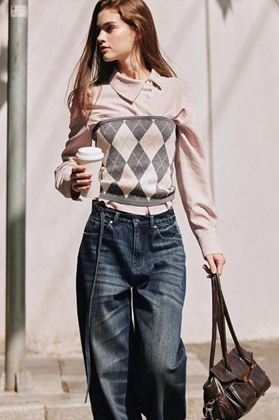 Striped Asymmetrical Slanted Placket Shirt Set-Up