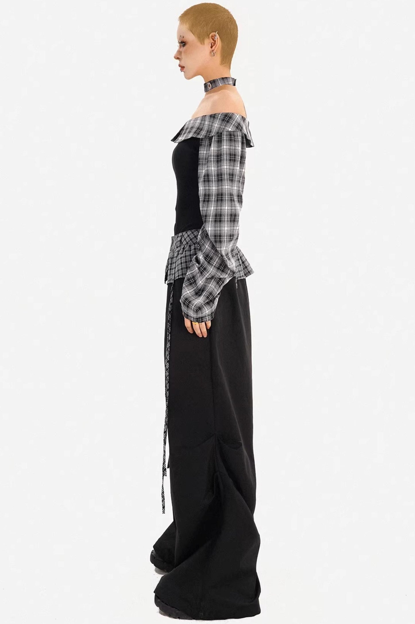 Plaid Off-Shoulder Pants Set-Up