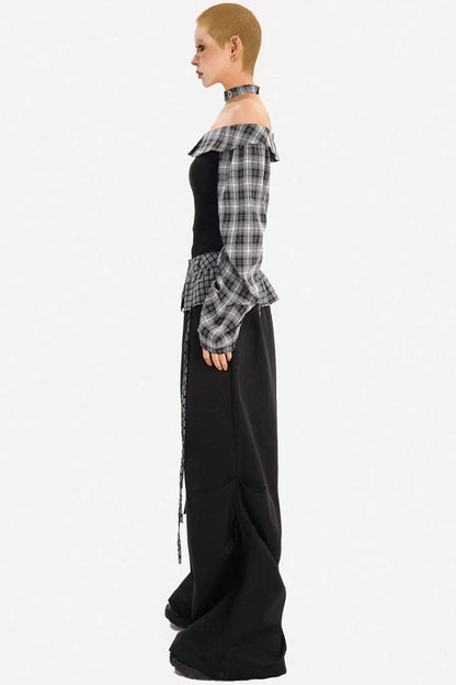 Plaid Off-Shoulder Pants Set-Up