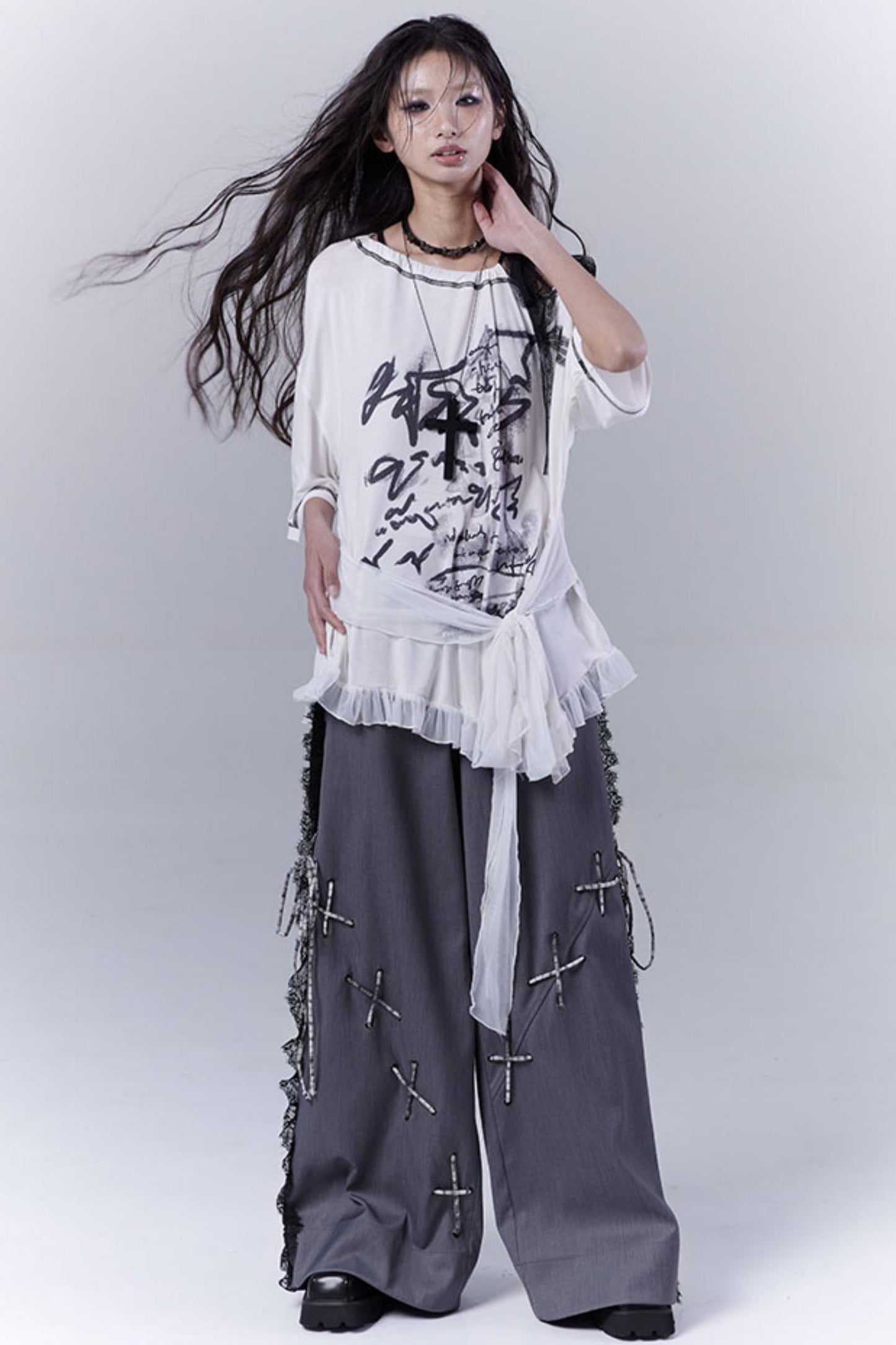 Gray Hollow Lace Fusion Casual Trousers