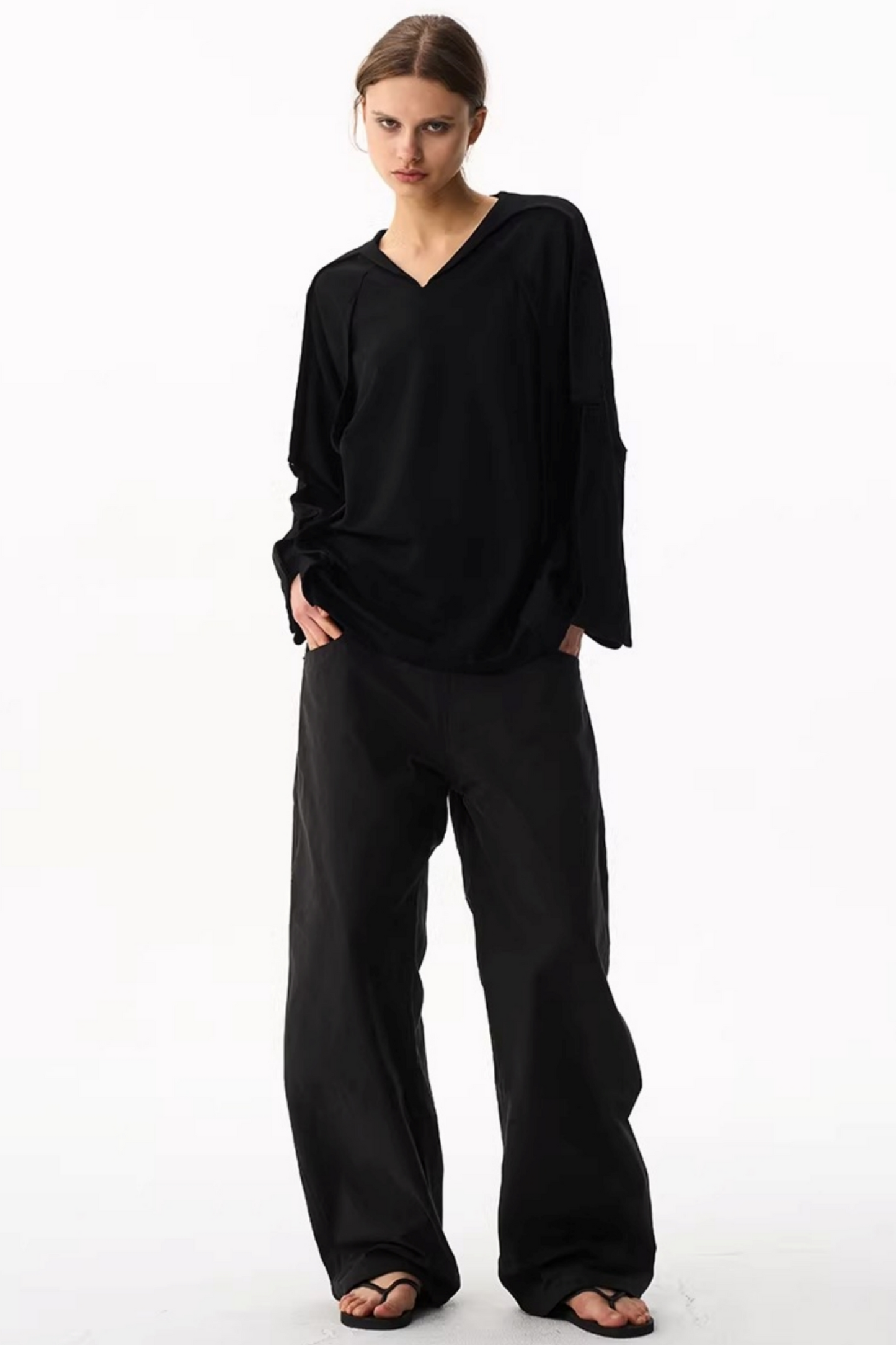 V-Neck Contrasting Long-Sleeved Top