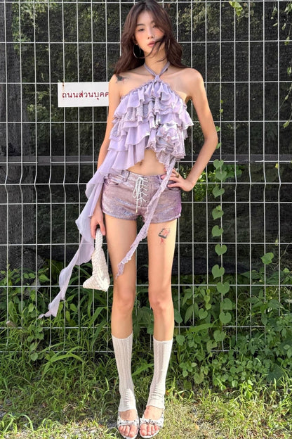 Chiffon Lace Top Shorts Set-Up