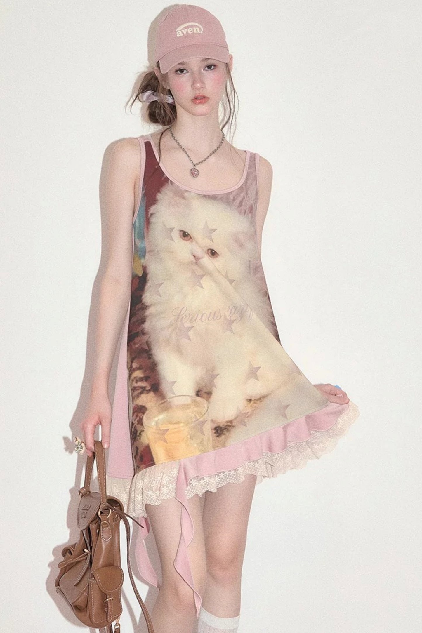 Pink Cat Print Lace Vest Dress