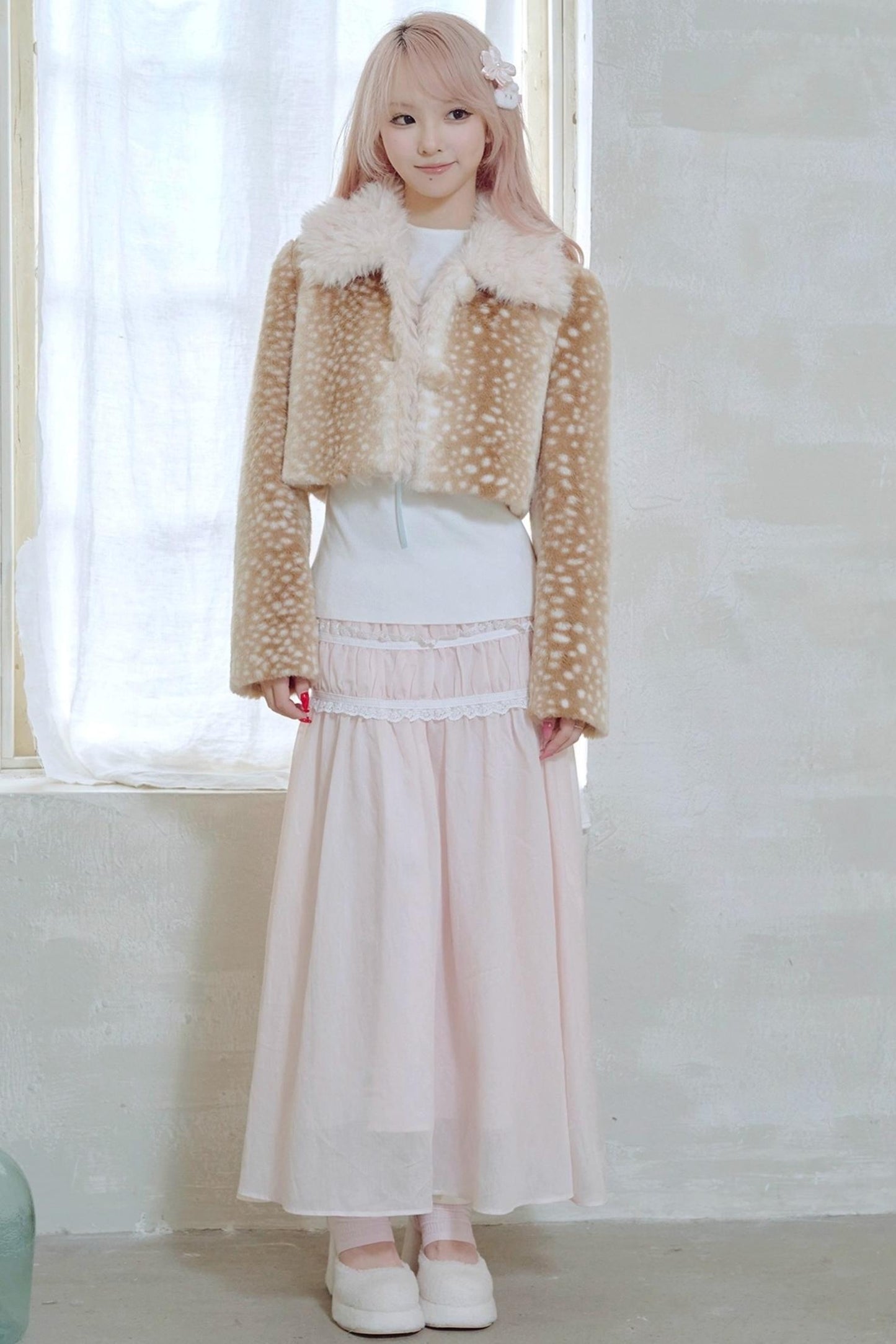 Lace Pleated Panel Pink Long Skirt