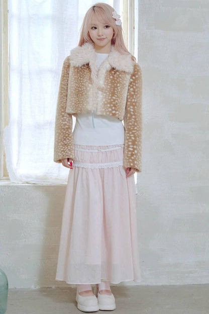 Lace Pleated Panel Pink Long Skirt