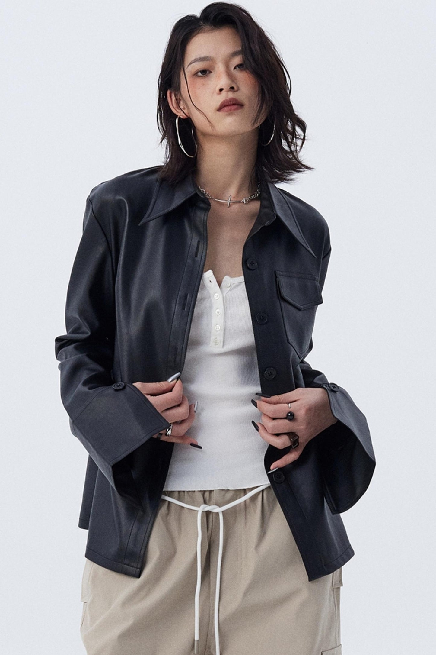 Pocket Detail Leather Biker Coat