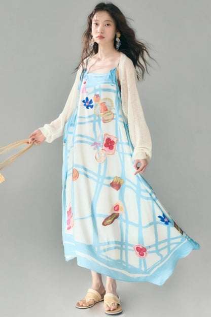 Bread Print Plaid Satin Slip Dress Set-Up