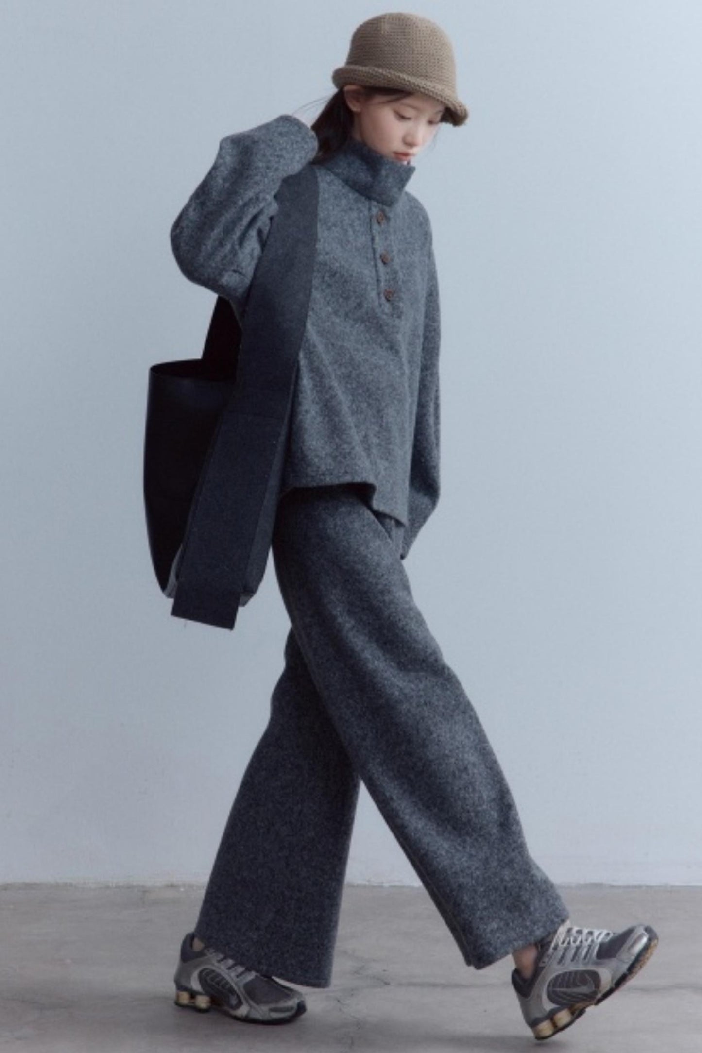 Carbon Gray Plush Wool Knit Set-Up