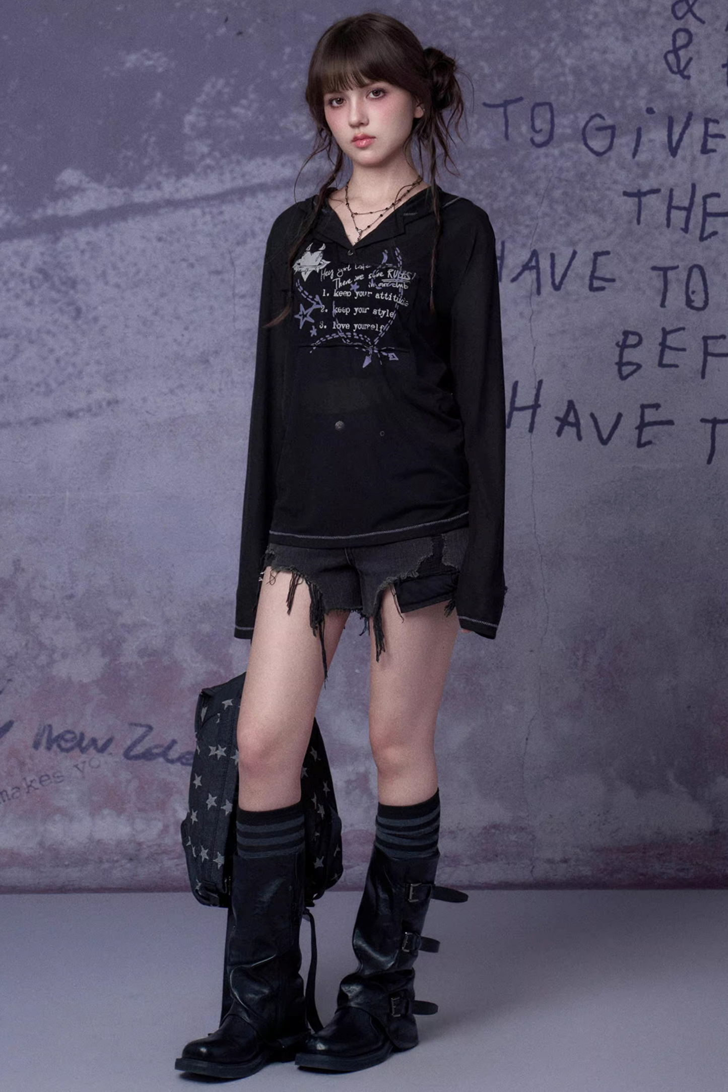 Mesh Graffiti Hooded Top Matching Set