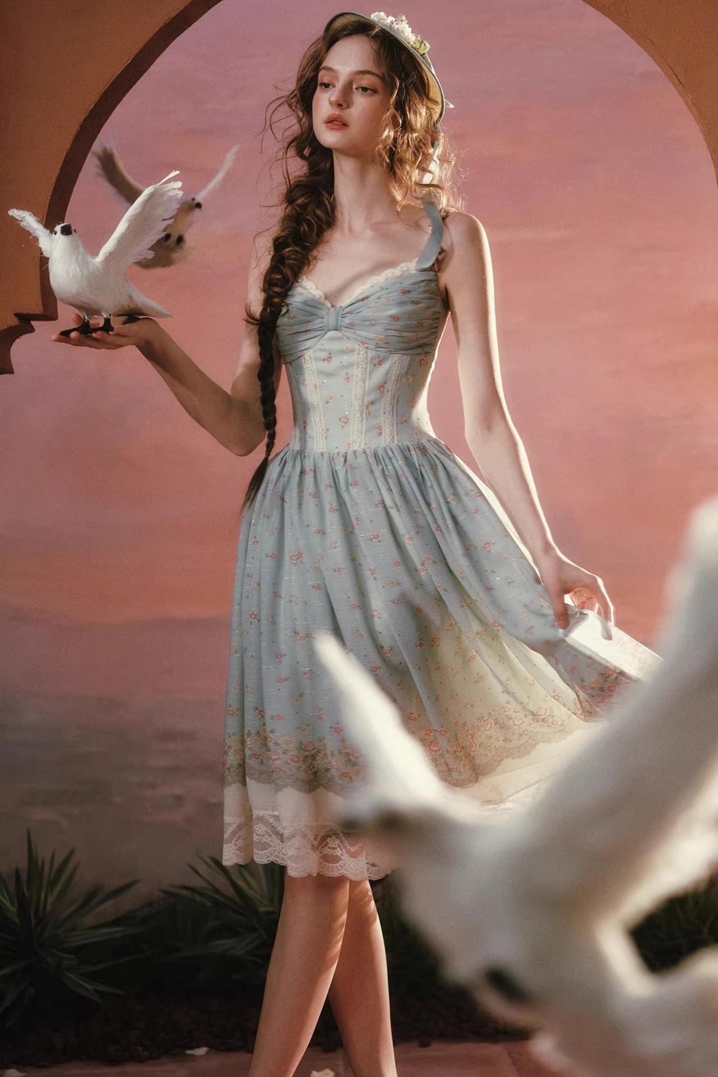 Green Floral Sweet Strap Dress