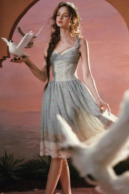 Green Floral Sweet Strap Dress