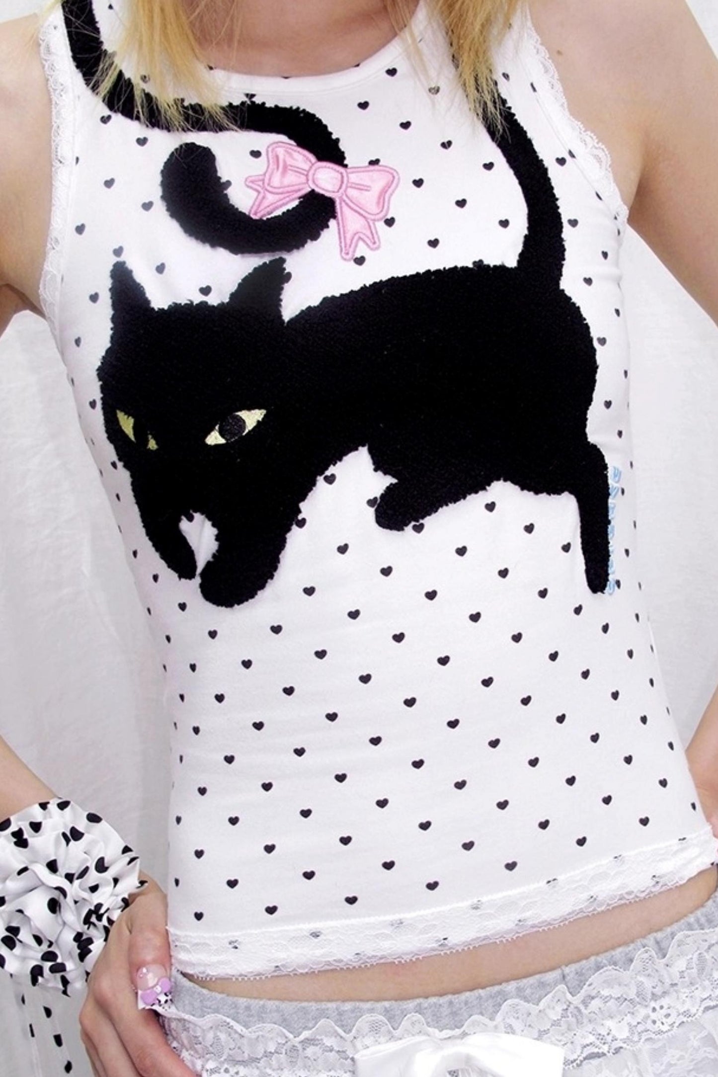 Cat Embroidered Polka Dot Top