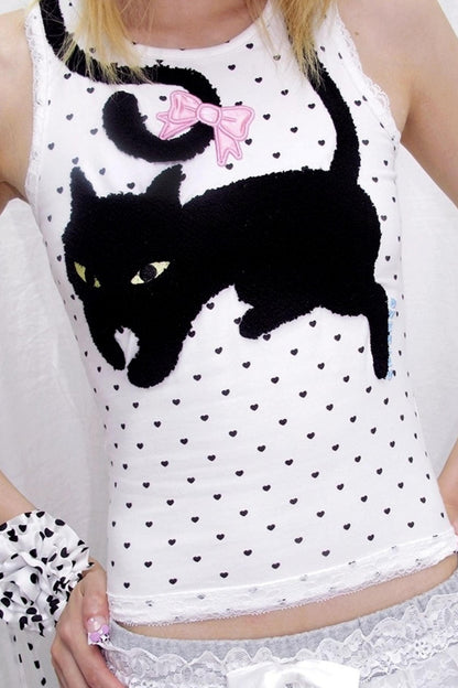 Cat Embroidered Polka Dot Top