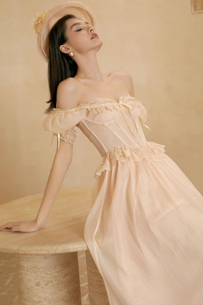 French Champagne Lace Corset Dress Set