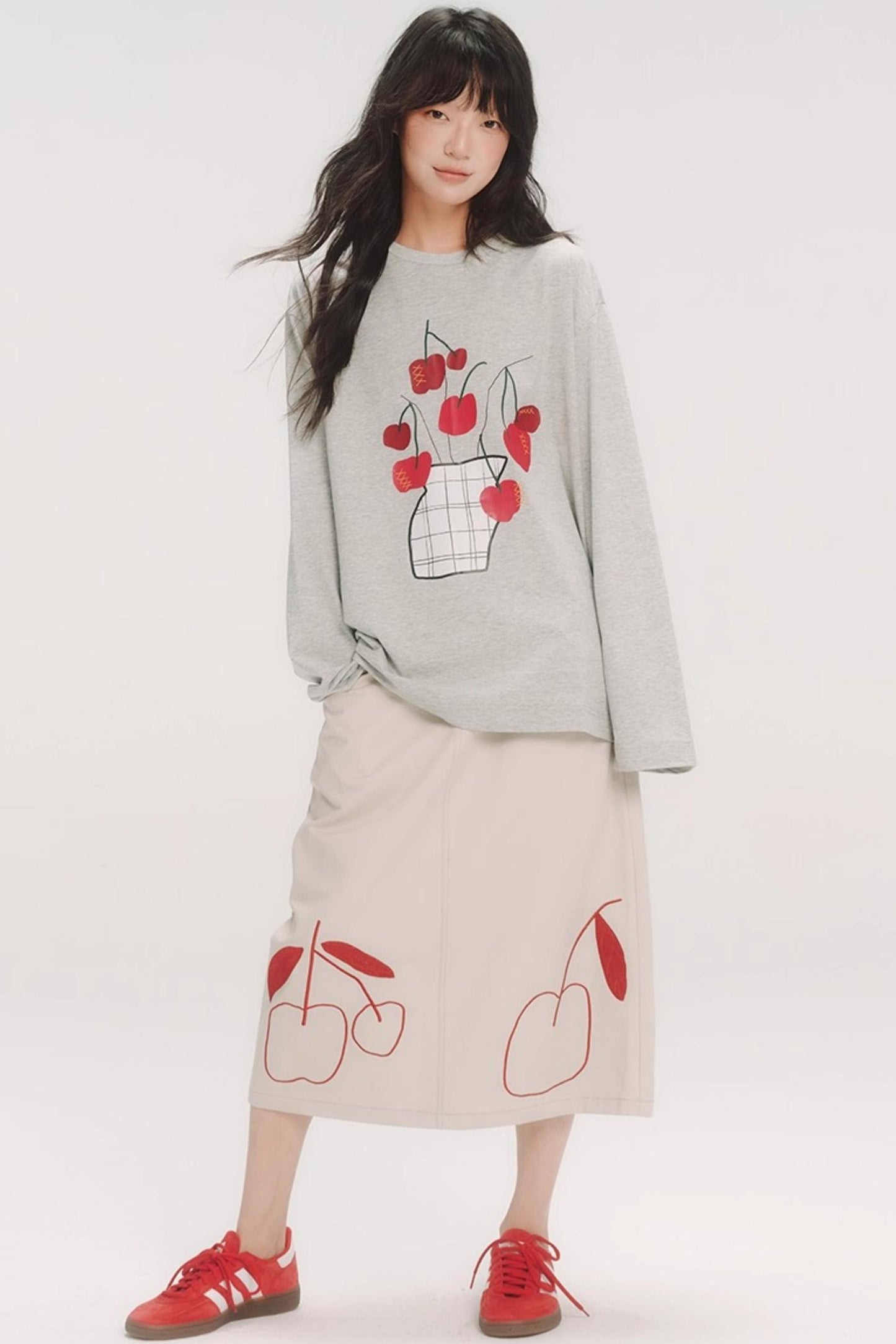 Red Cherry Embroidered Midi Skirt