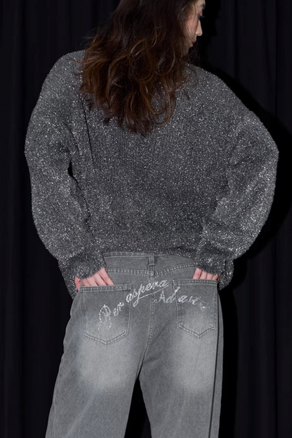 Silberner Faden V-Ausschnitt Strickpullover