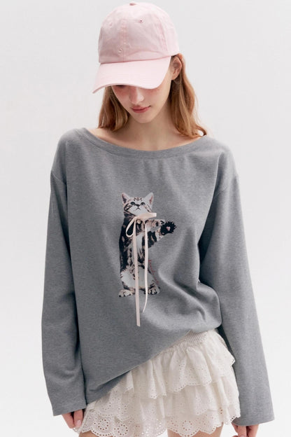 Lazy Kitten-print Long-sleeved T-shirt