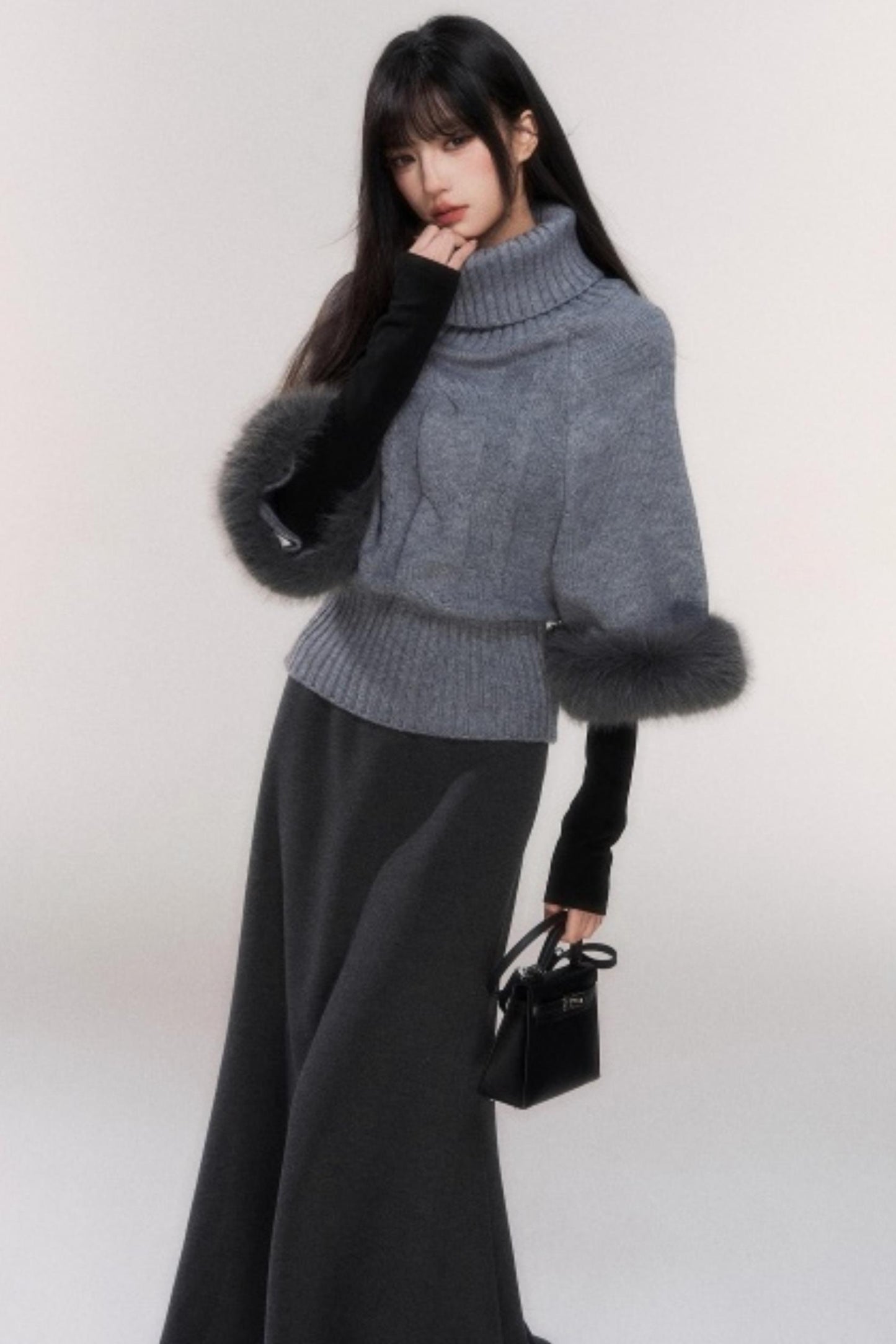 Gray Turtleneck Batwing Sweater