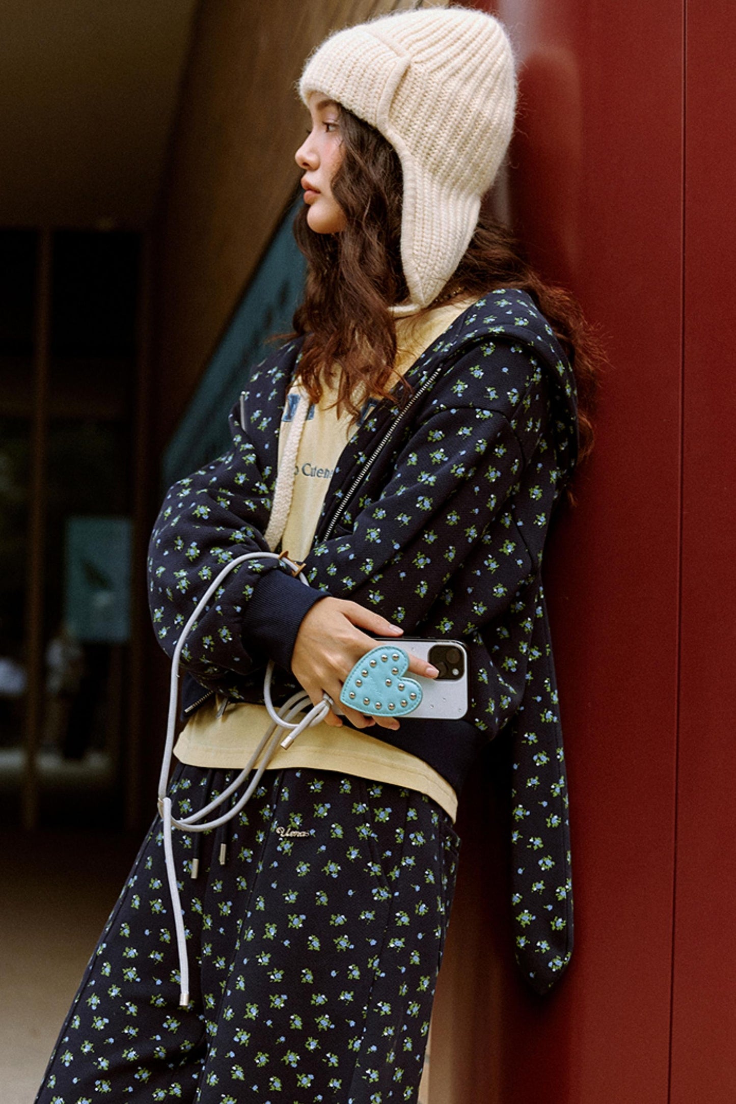 Navy Blue Floral Hooded Jacket Set-Up