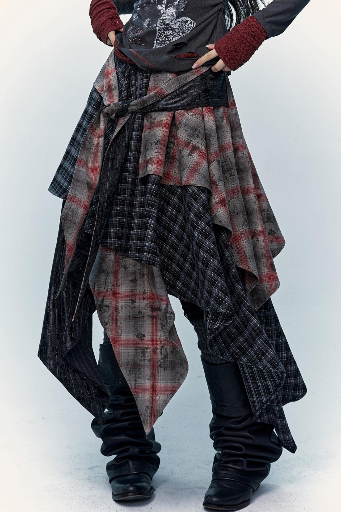 Multi-Layer Check Long Skirt