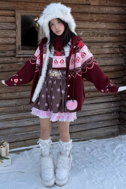 Fair Isle Strickjacke mit Erdbeermuster
