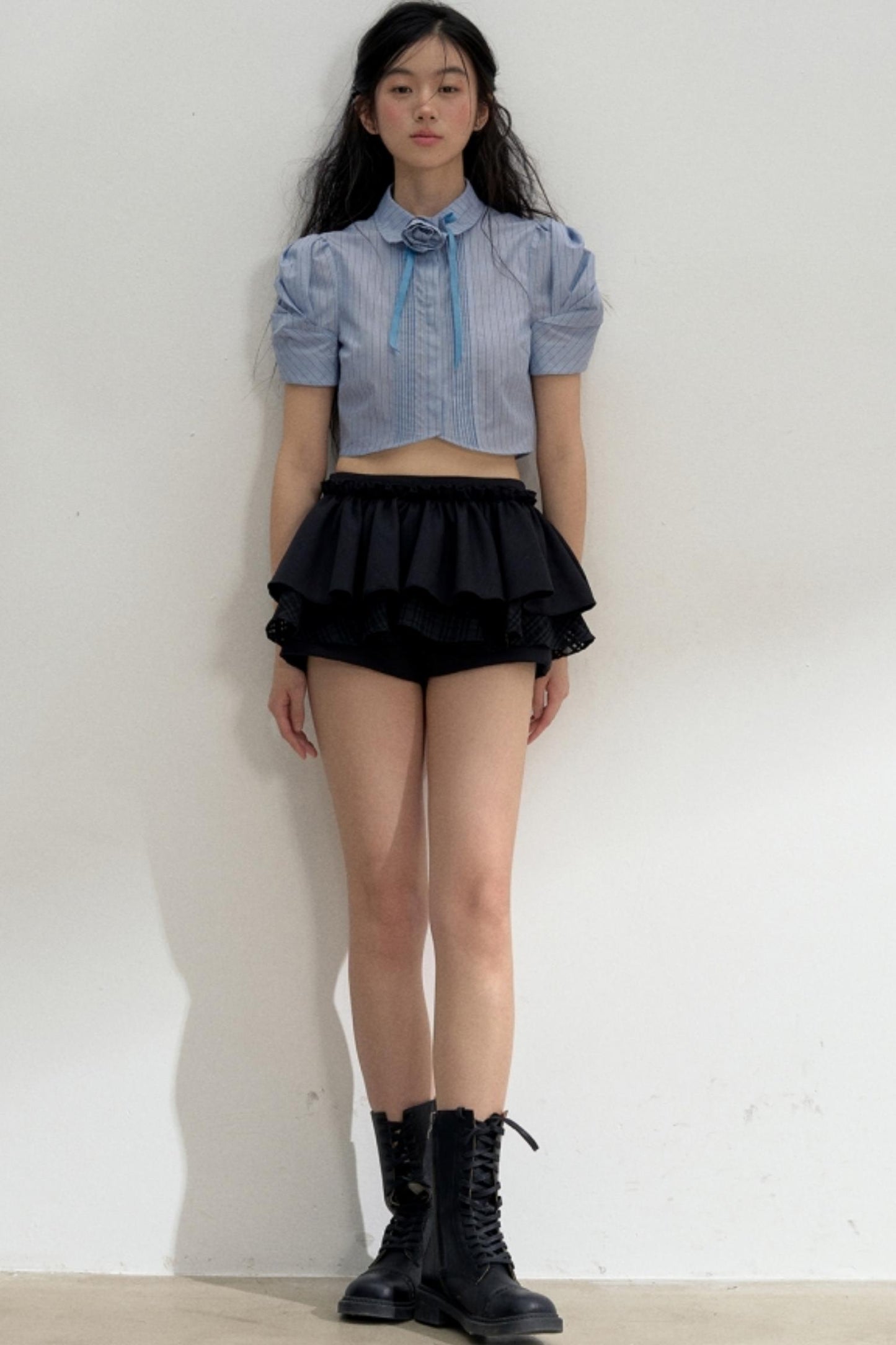 Vertical Stripe Bubble Sleeve Shirt