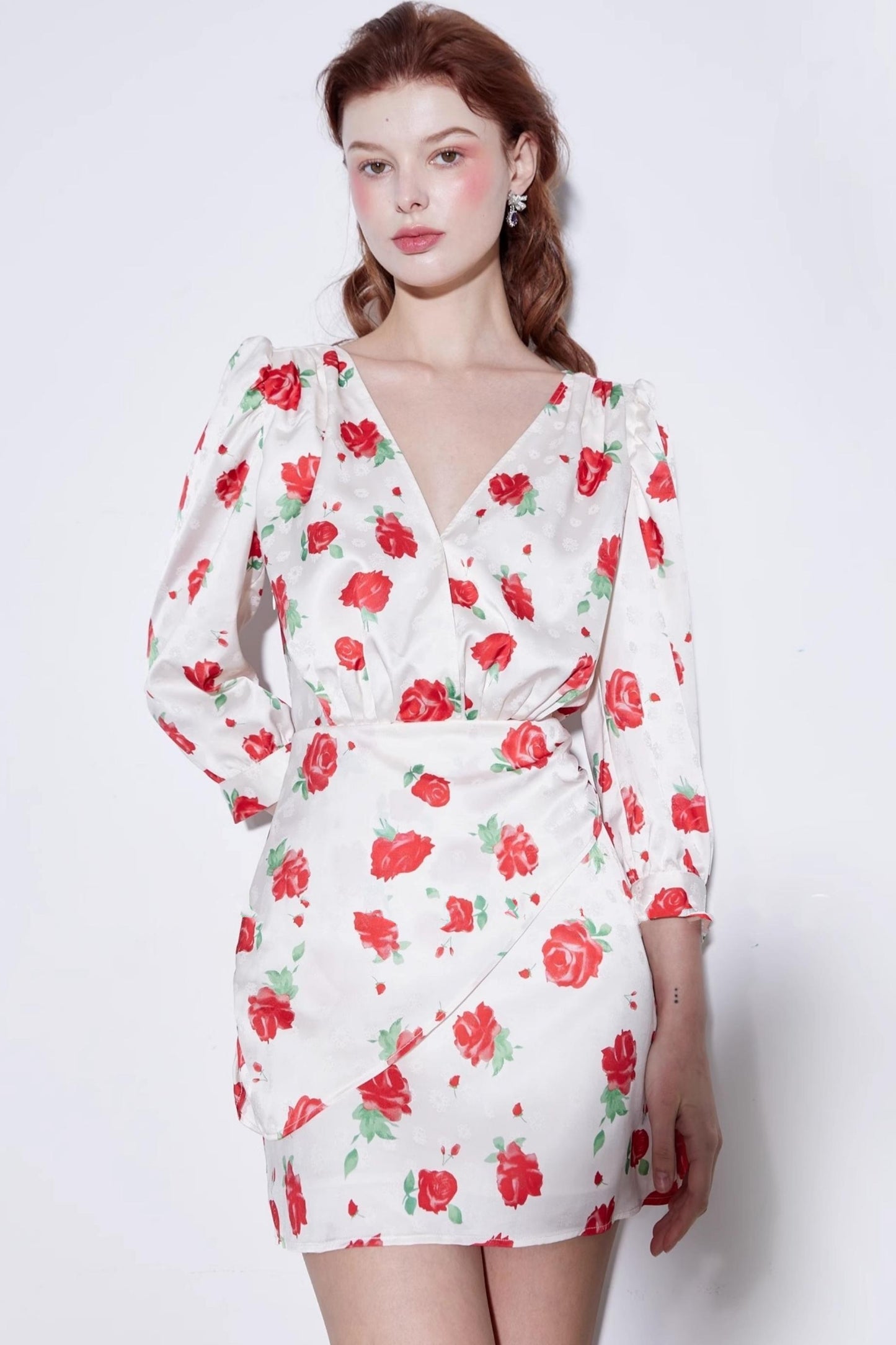 Satin Rose Jacquard V-Neck Dress