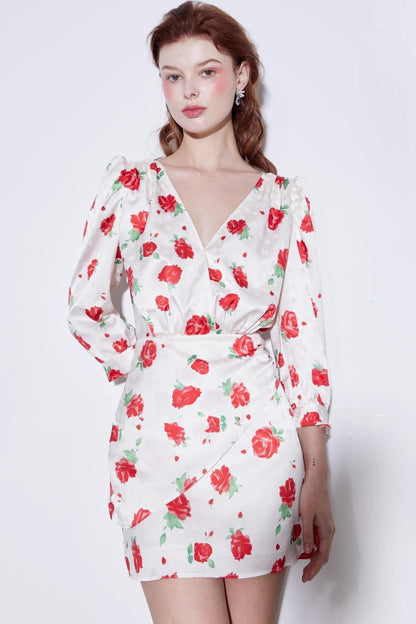 Satin Rose Jacquard V-Neck Dress