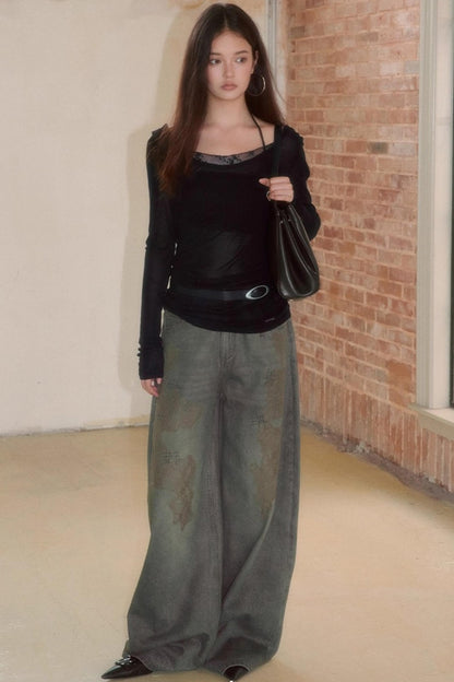 Spliced Long Sleeve Swing Collar T-Shirt