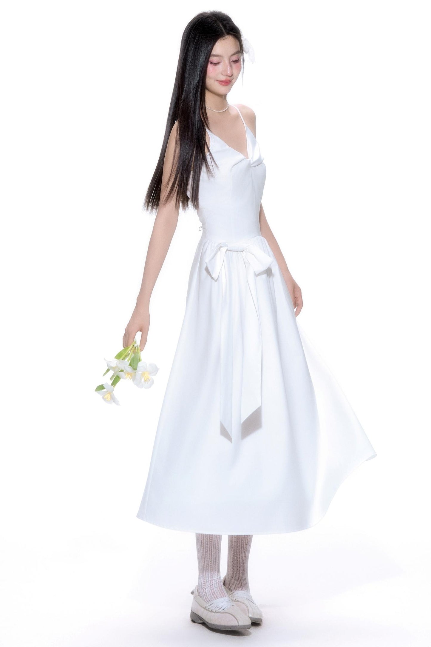 Twisted Bow Halter Pleated Dress