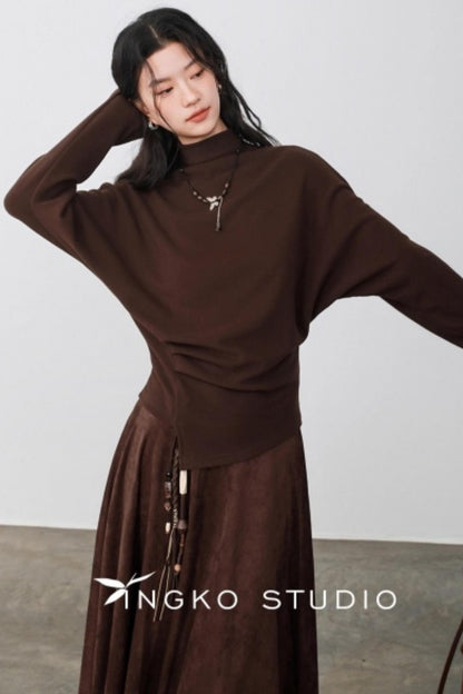 Chestnut Brown Velvet Pleated Top